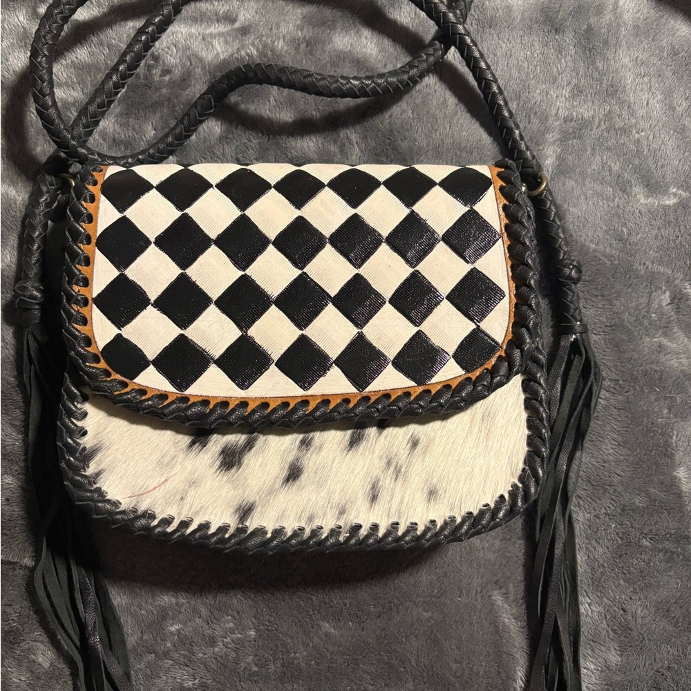Black and White Checkered Cowhide Crossbody
